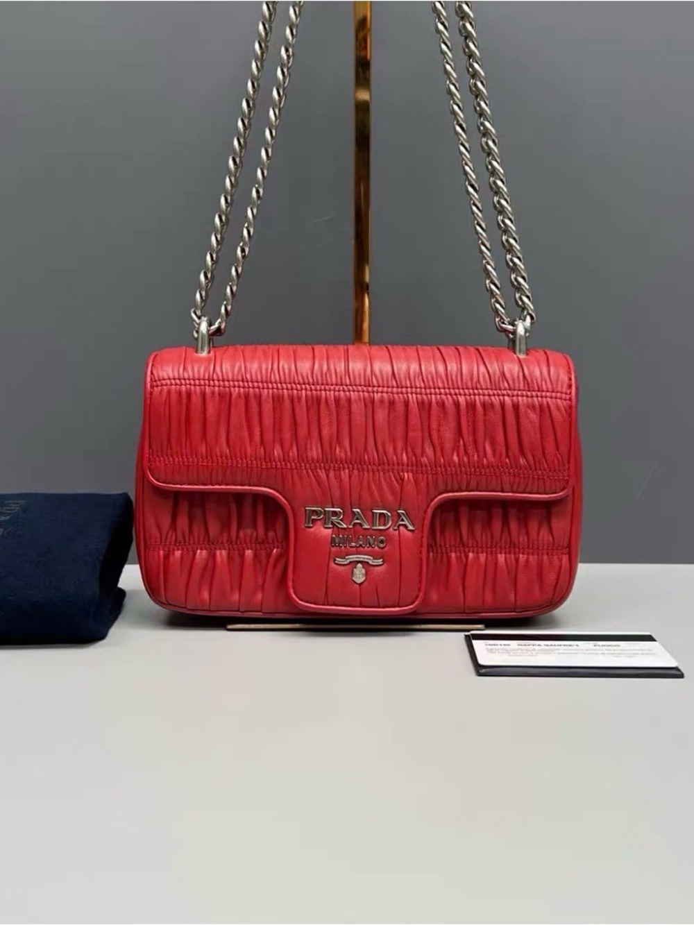 Prada Quilted Red Leather Shoulder Bag with Silver Chain